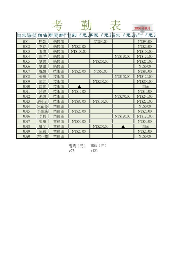 考勤表 預覽
