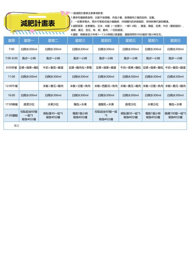 減肥計劃表 預覽