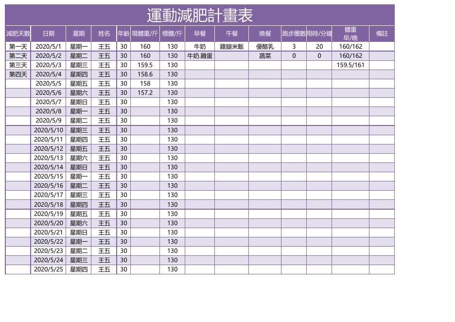 運動減肥計劃表 預覽