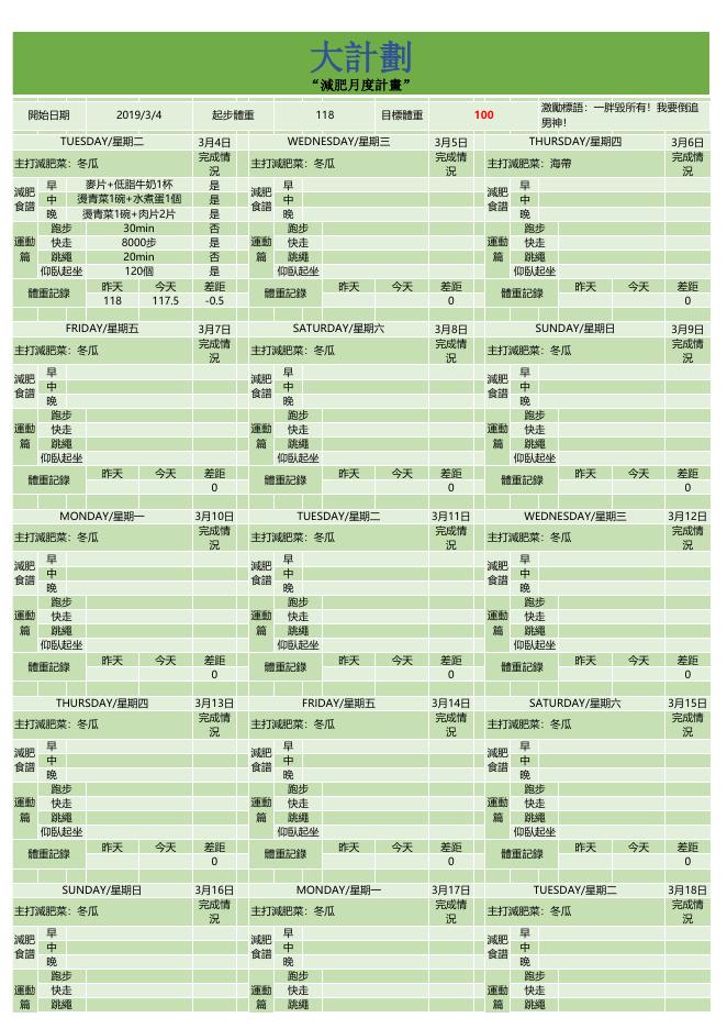每月減肥計畫表 預覽