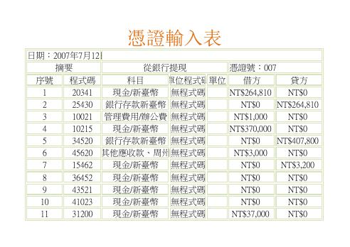 憑證記錄表 預覽