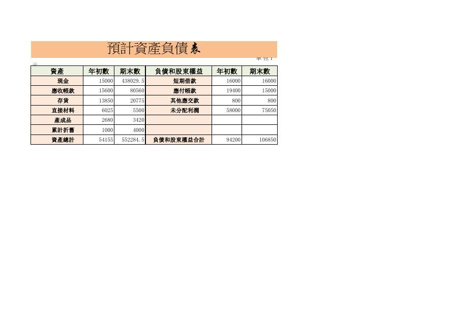 預計資產負債表 預覽