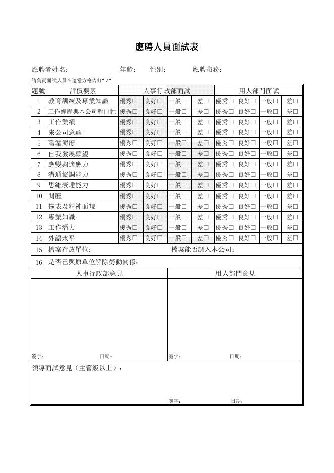 應聘人員面試問卷 預覽
