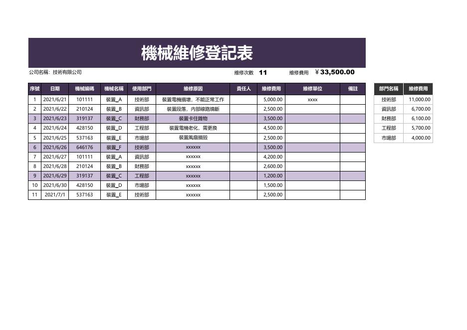 機械維修登記表 預覽