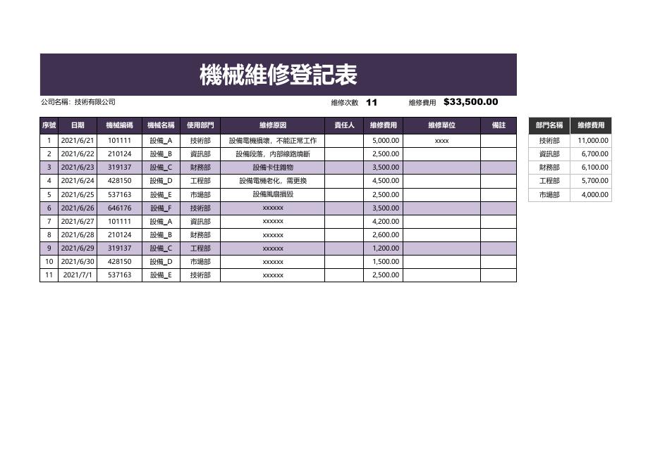 機械維修登記表 預覽