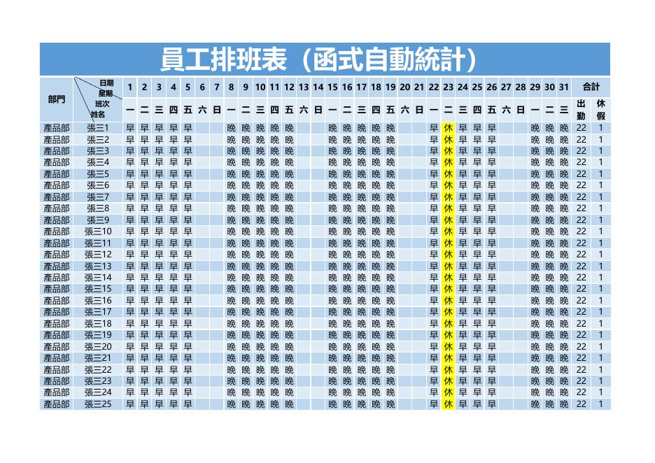 員工排班表(函式自動統計) 預覽