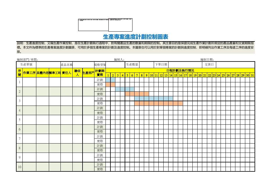 生產專案進度控制圖表 預覽