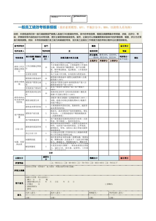 一般員工績效考核表 預覽