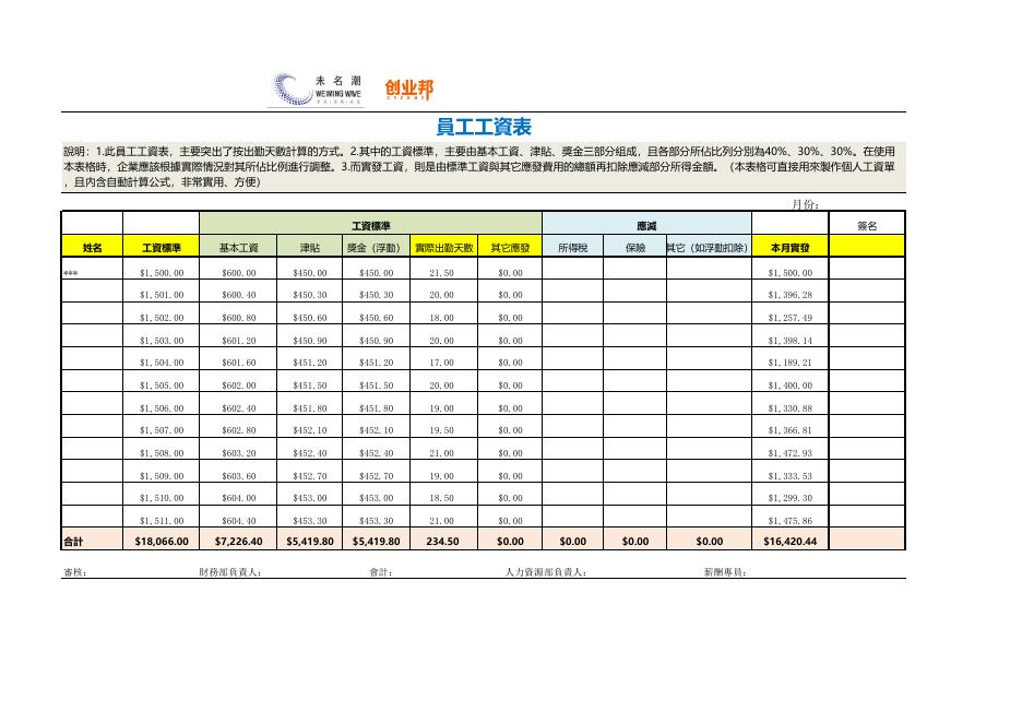 員工工資表(版面 34) 預覽