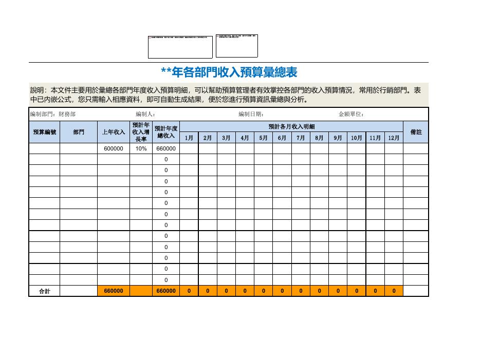 部門收入預算彙總 預覽