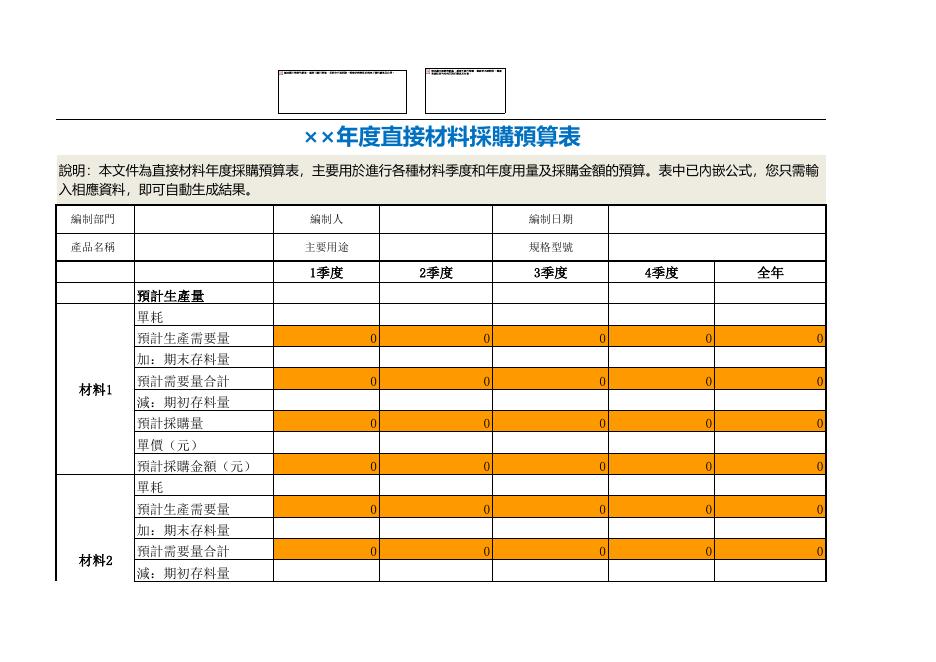 直接材料採購預算表 預覽