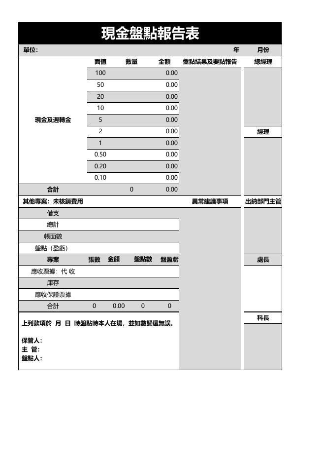 現金盤點報告表 預覽
