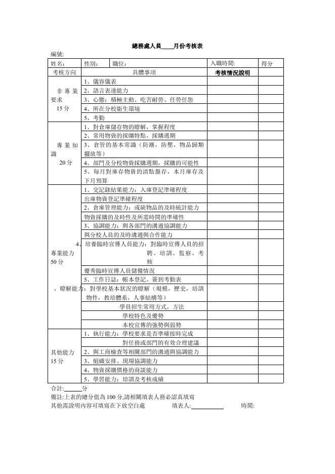 總務處人員 月份考核表 預覽