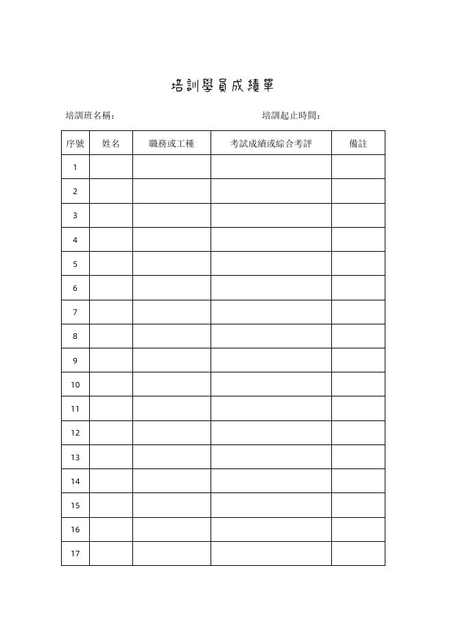 培訓學員成績單 預覽