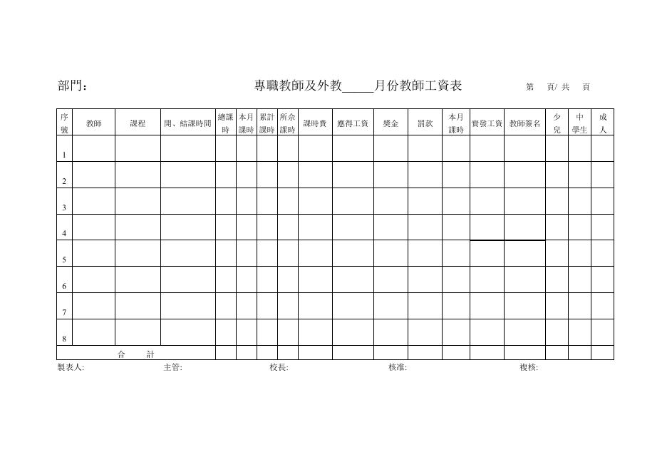 專職教師及外教_____月份教師工資表 預覽