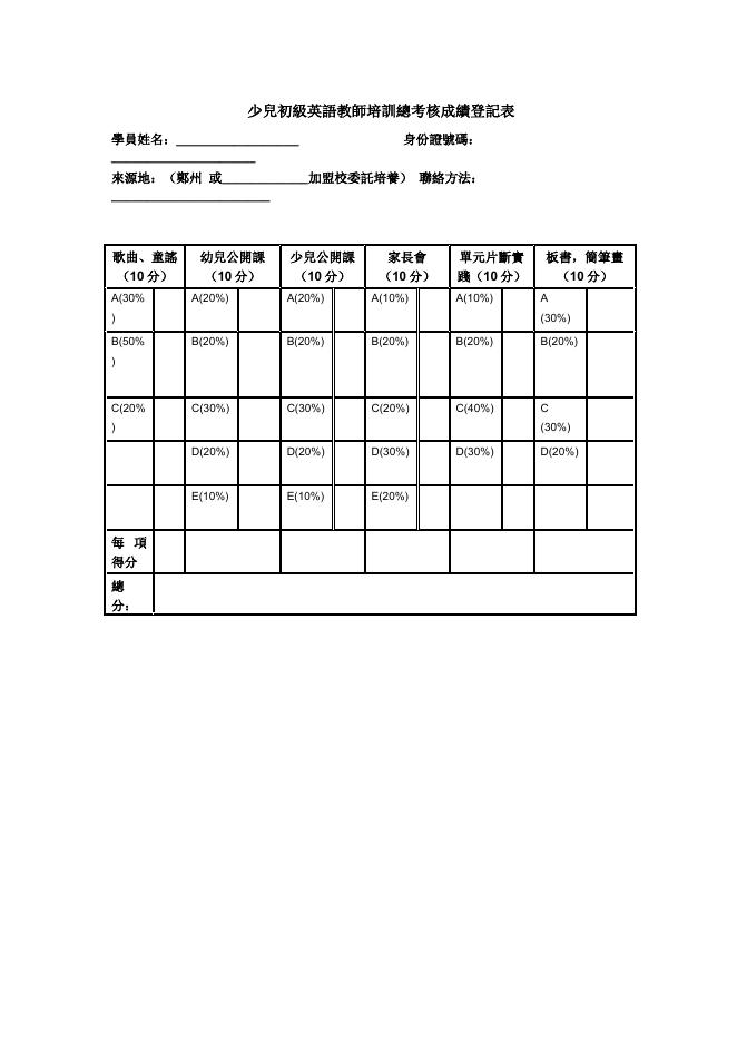 少兒初級英語教師培訓總考核成績登記表 預覽