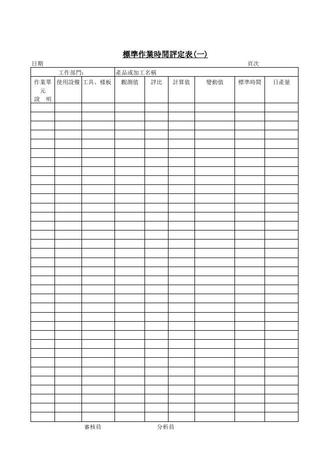 標準作業時間評定表〈一〉 預覽