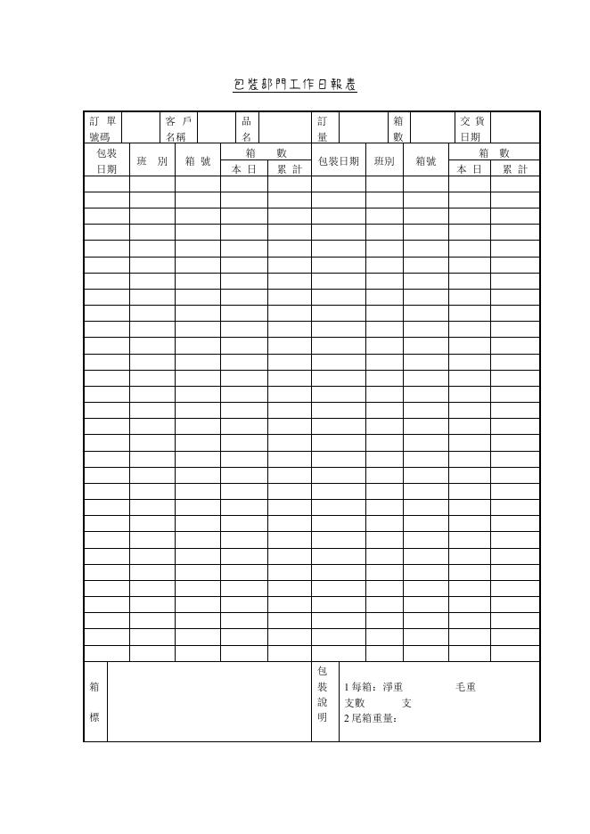 包裝部門工作日報表 預覽