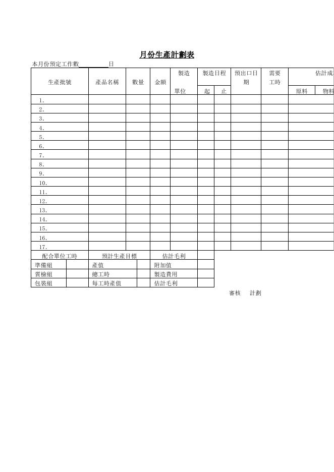 月份生產計劃表 預覽