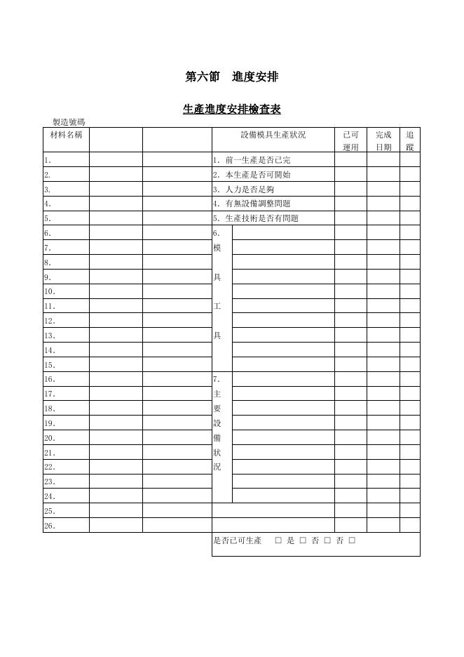 生產進度安排檢查表 預覽