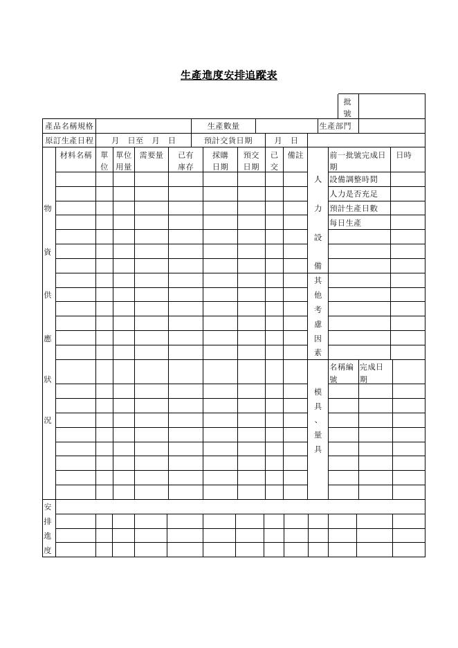 生產進度安排追蹤表 預覽