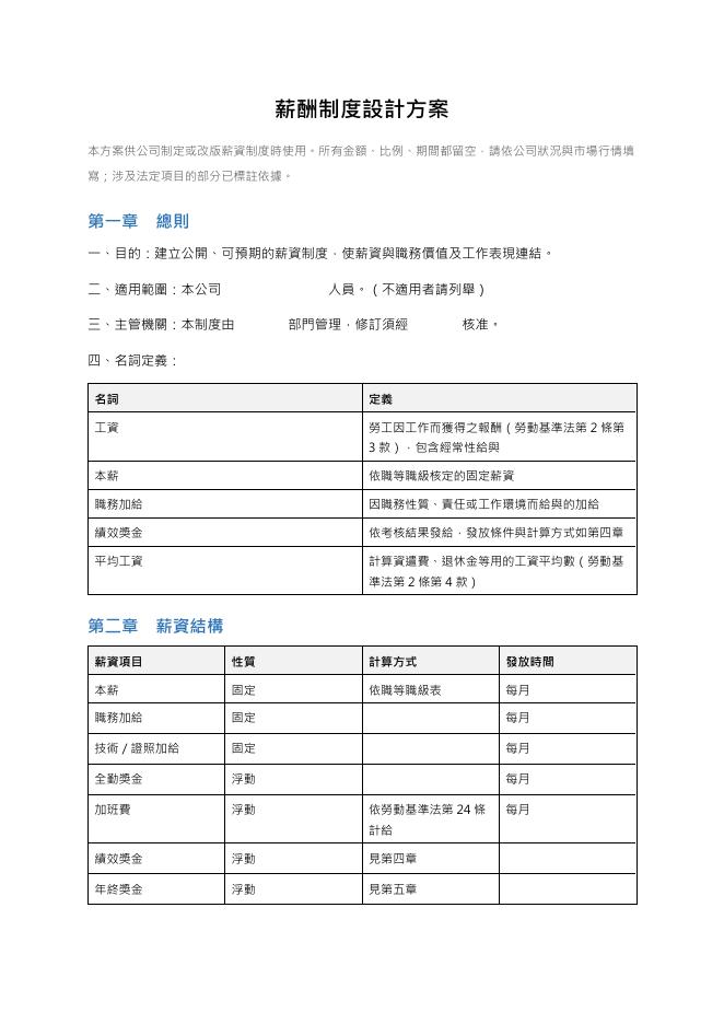 薪酬制度設計方案範本(台灣版) 預覽