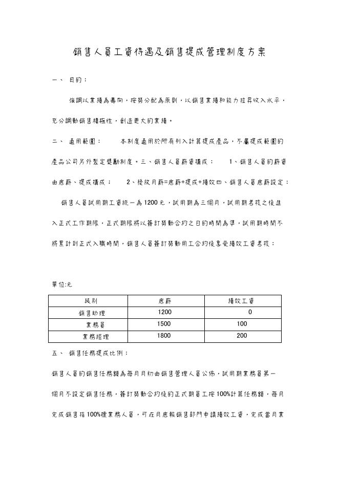 銷售人員工資待遇及銷售提成管理制度方案 預覽