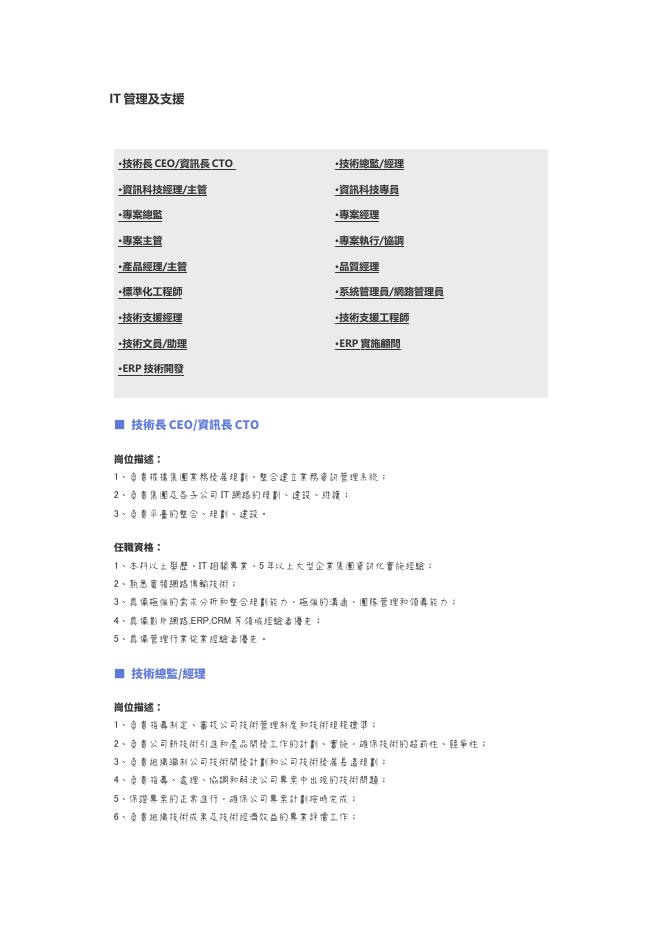 【IT管理及支援】職位說明書 預覽