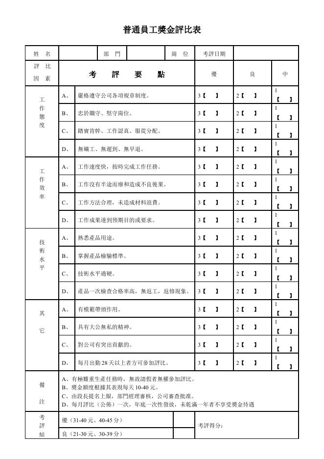 普通員工獎金評比表 預覽