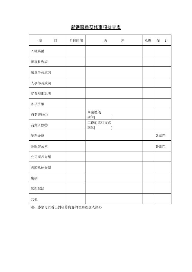 新進職員研修事項檢查表 預覽