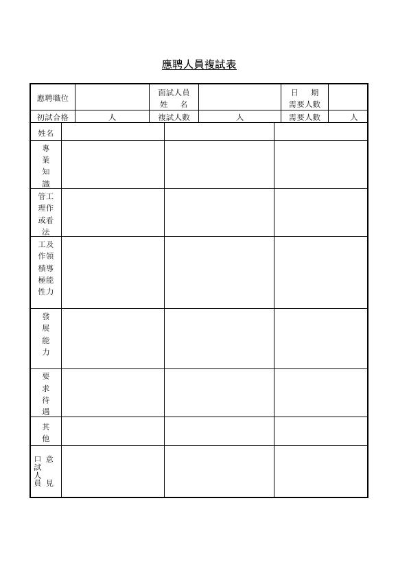 應聘人員複試表 預覽