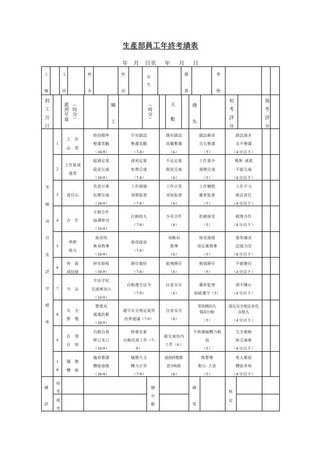生產部員工年終考績表 預覽