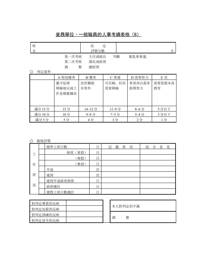業務單位·一般職員的人事考績表 預覽