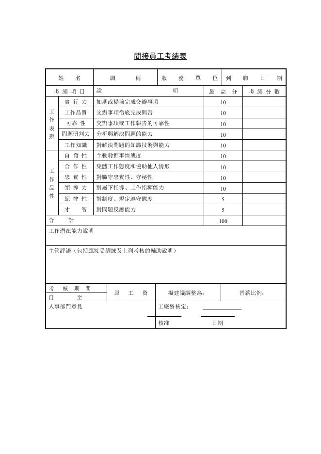 間接員工考績表 預覽