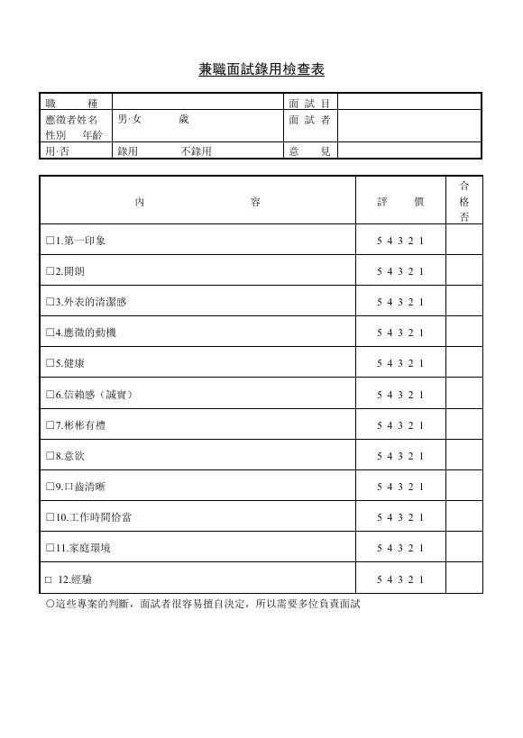 兼職面試錄用檢查表 預覽