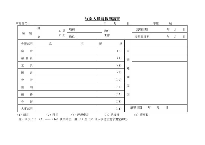 從業人員辭職申請書 預覽