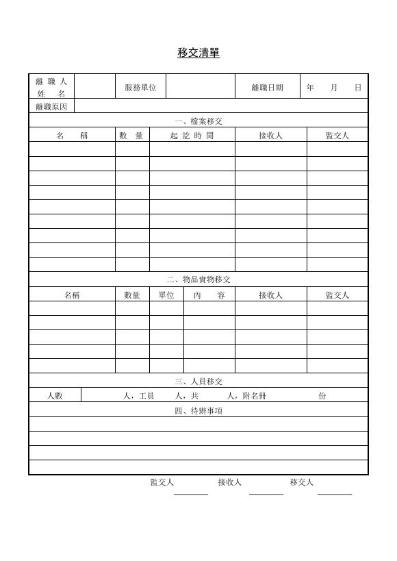 移交清單 預覽
