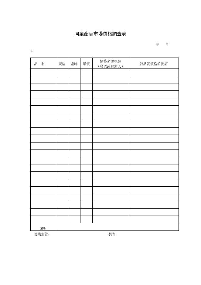 同業產品市場價格調查表 預覽