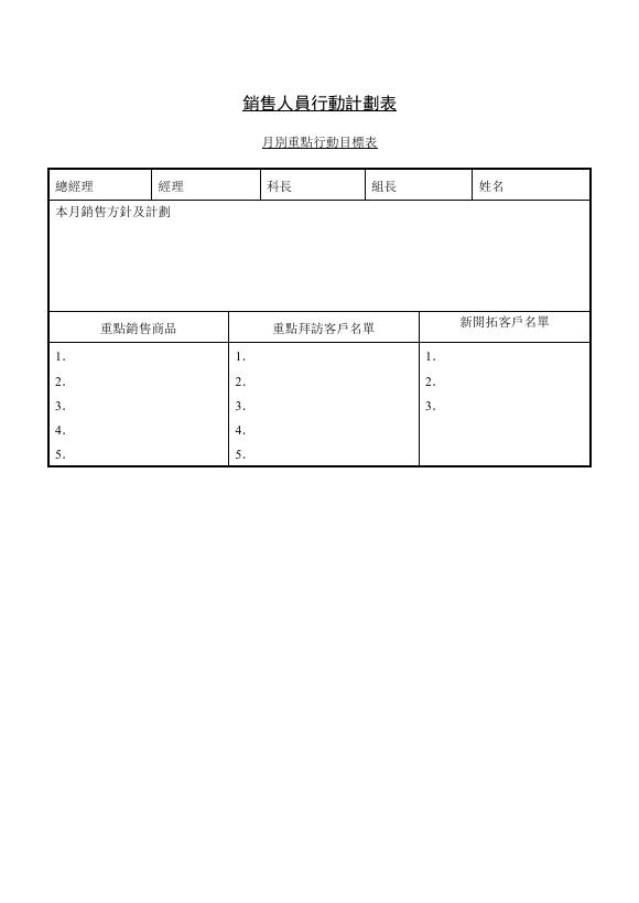 銷售人員行動計劃表 預覽