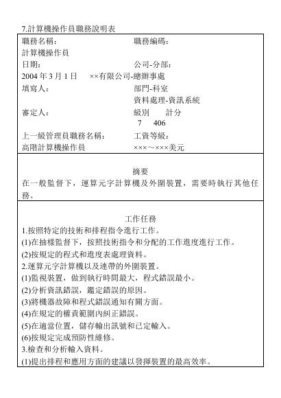計算機操作員職務說明表 預覽
