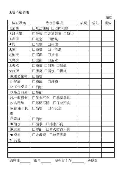安全檢查表 預覽