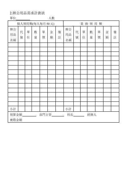 辦公用品需求計劃表 預覽