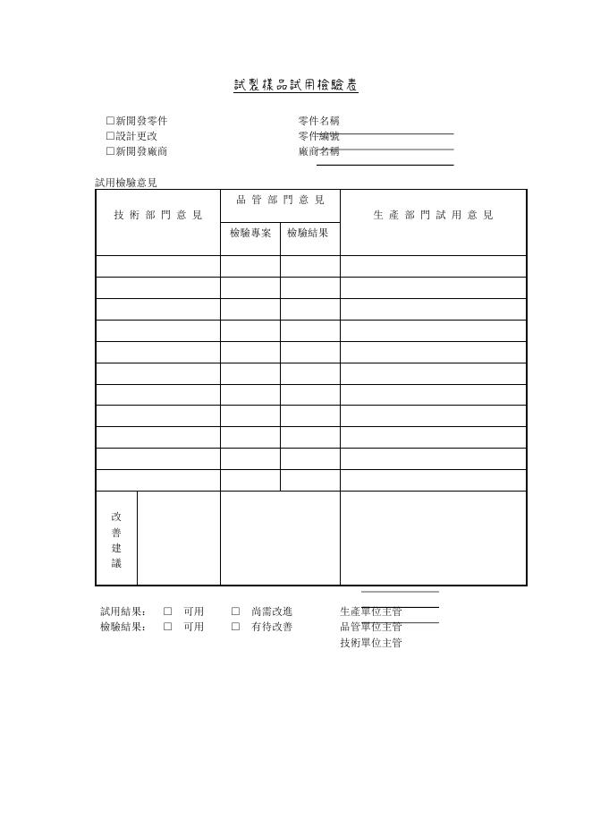 試製樣品試用檢驗表 預覽