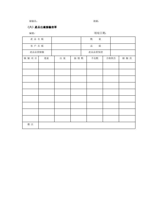 產品出廠檢驗表單 預覽