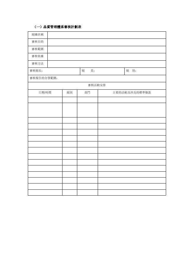 品質管理體系審核計劃表 預覽