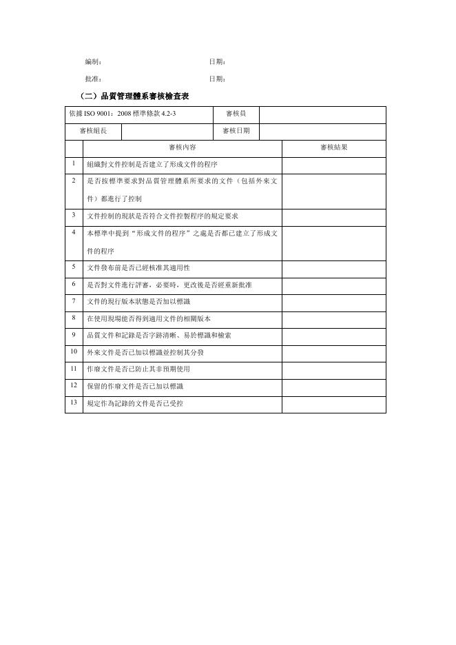 品質管理體系審核檢查表 預覽