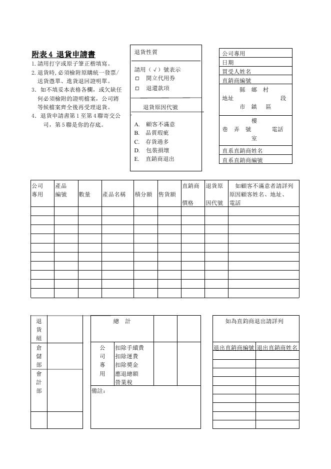 附表4退貨申請書 預覽