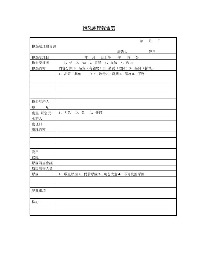 抱怨處理報告表 預覽