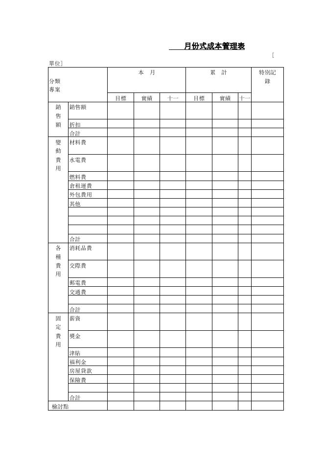 月份式成本管理表 預覽